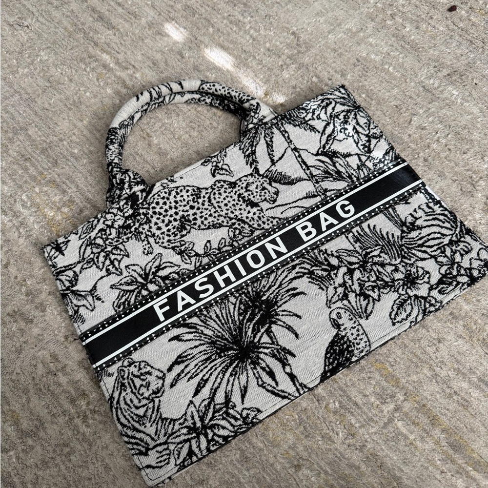 Black & White Graphic “Fashion Bag” Printed Top Handle Tote